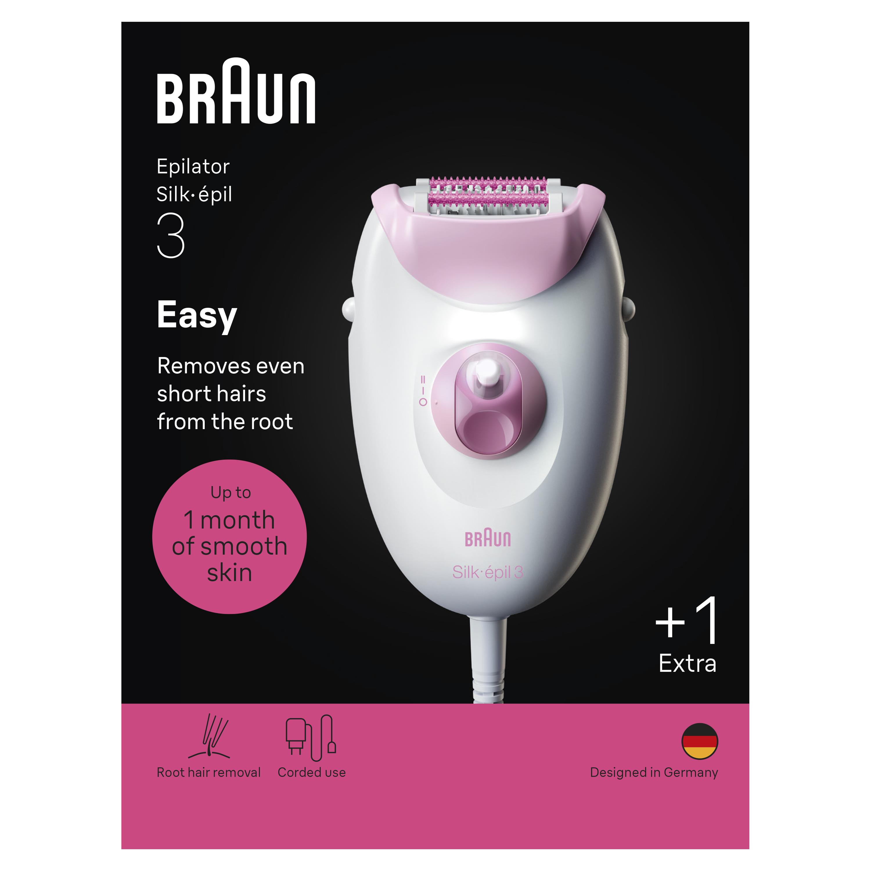 Siyah arka plan üzerinde beyaz ve pembe Braun Silk-épil 3 epilatör ve promosyon metni.