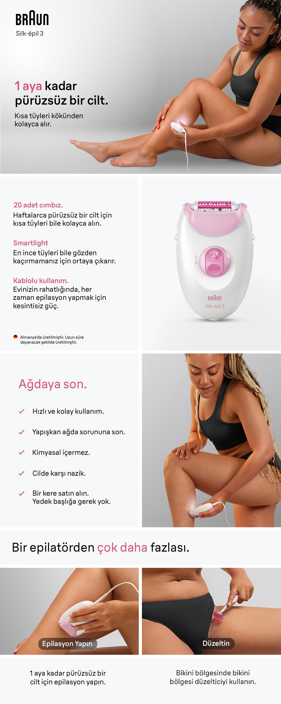 Braun Silk-épil 3 epilatör reklamı, özellikleri, bacak kullanımı ve bikini düzelticiyi gösterir.