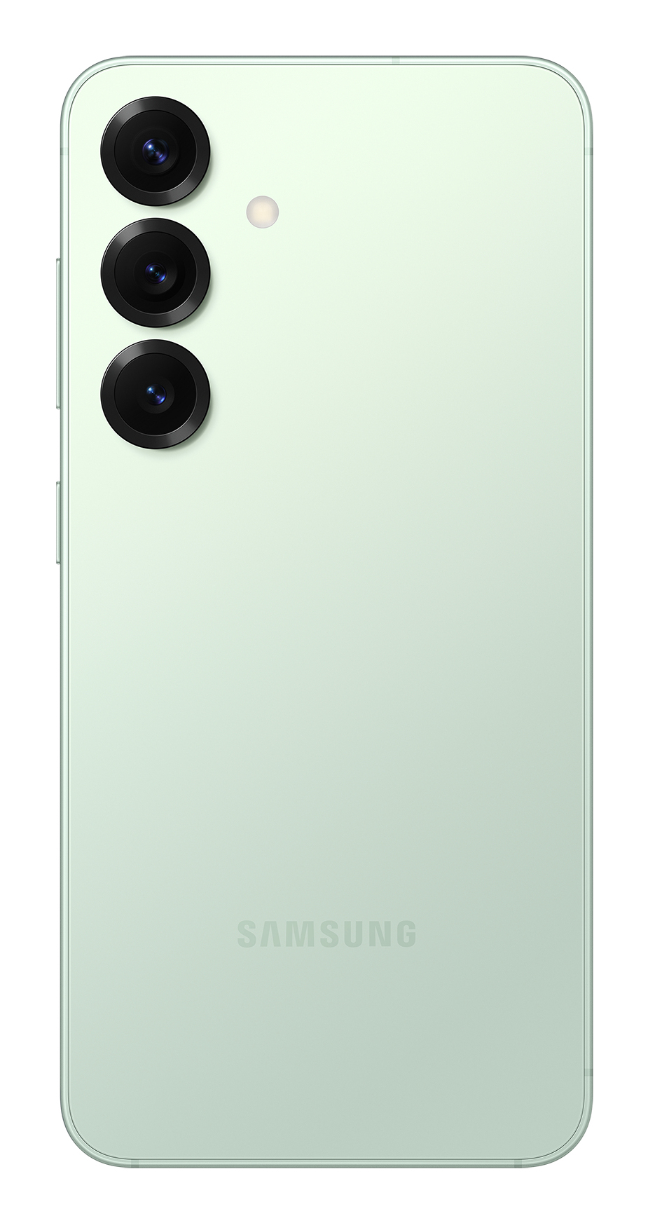 Tył miętowego smartfona Samsung z pionowym potrójnym aparatem i lampą błyskową LED.