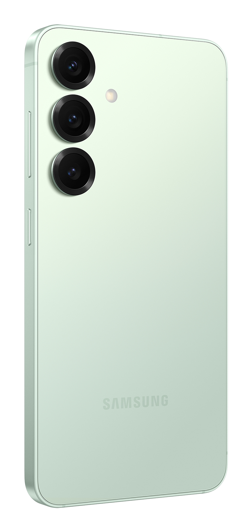 Tył jasnozielonego smartfona Samsung z pionowym potrójnym aparatem i lampą błyskową na białym tle.
