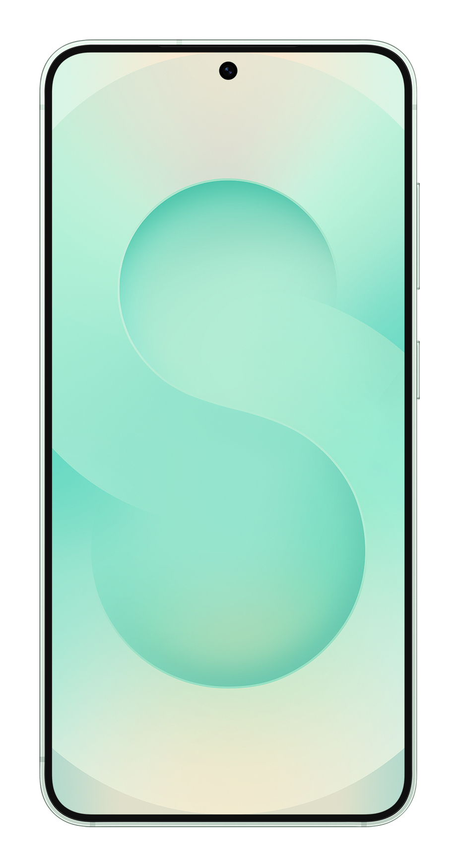Smartfon z miętowozielonym wyświetlaczem i geometrycznym wzorem na ekranie.