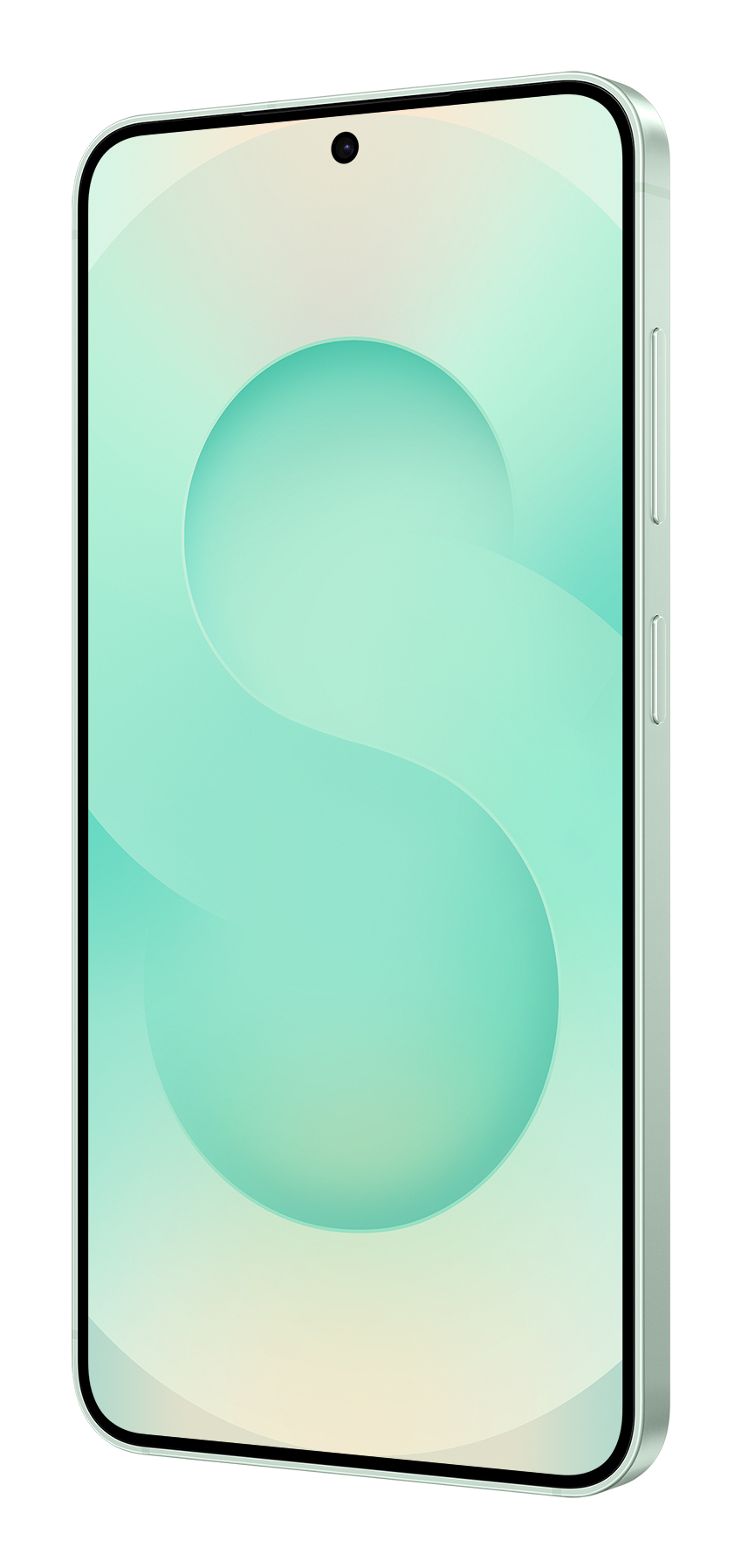 Jasnozielony smartfon z minimalistycznym wyświetlaczem i tłem w kształcie litery S w pionie.