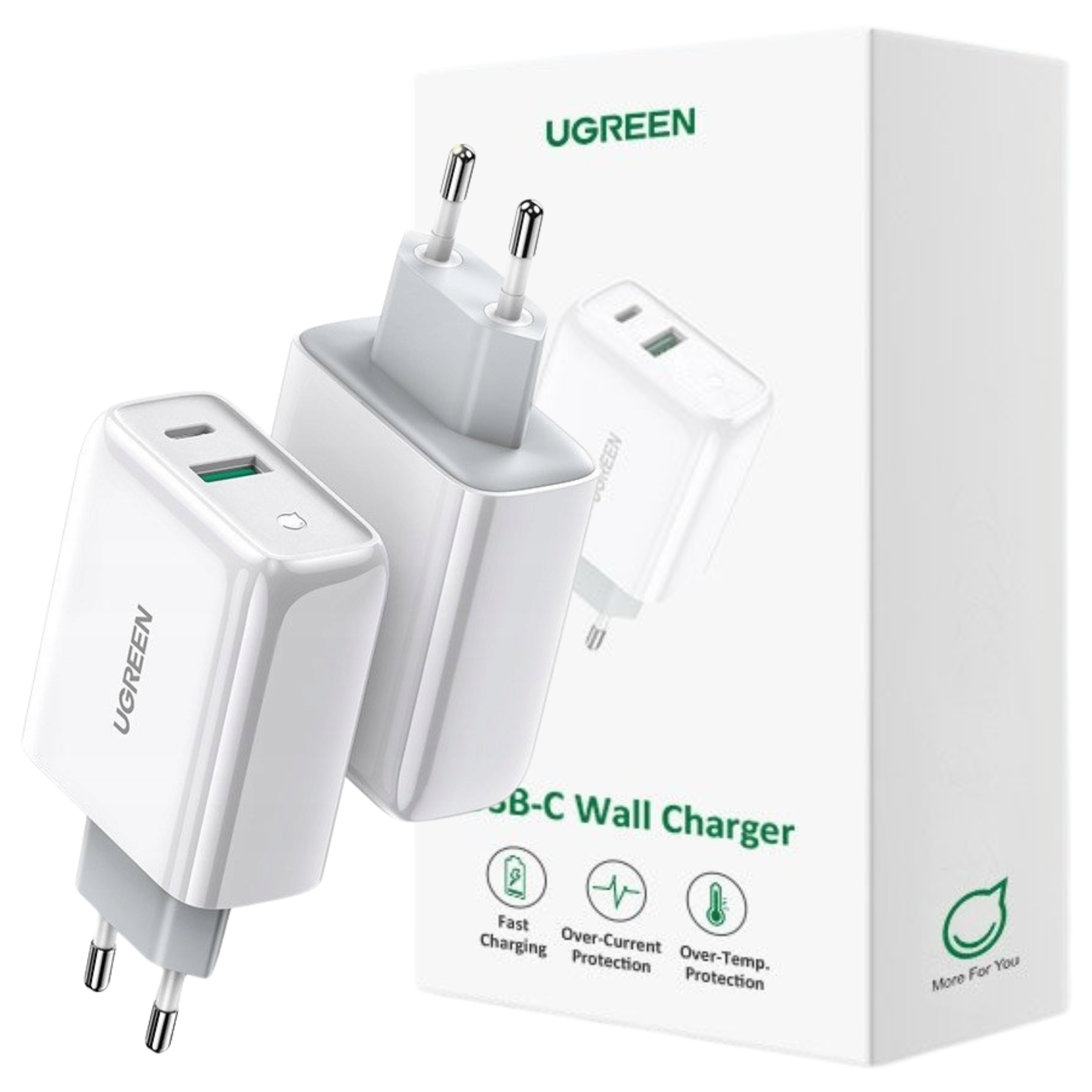Weißes Ugreen USB-C-Wandladegerät mit zwei Steckern und Verpackung mit Sicherheitsfunktionen.