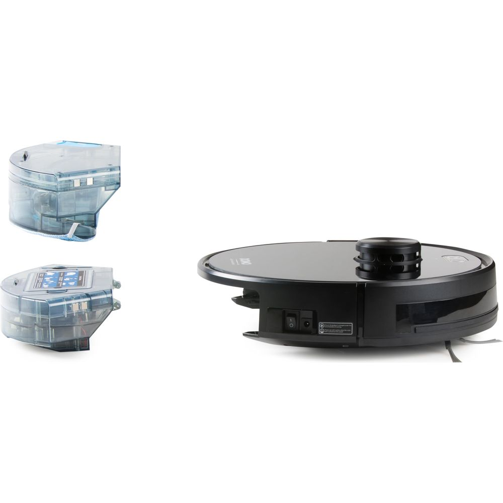 Ein schwarzer Saugroboter mit zwei transparenten Wassertanks auf weißem Hintergrund.
