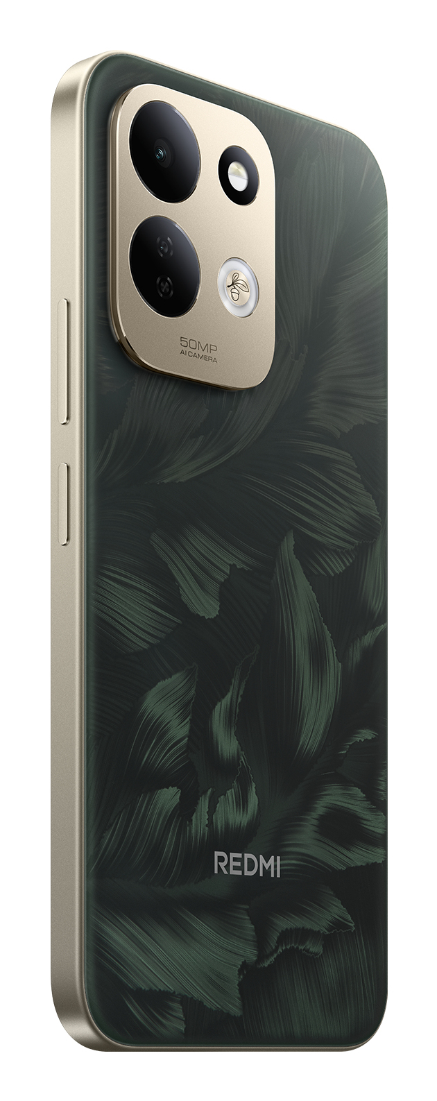 Dunkelgrüne Smartphone-Rückseite mit Blattmuster, Goldrahmen und Dual-Kamera-Modul mit Aufschrift 50MP AI Camera.