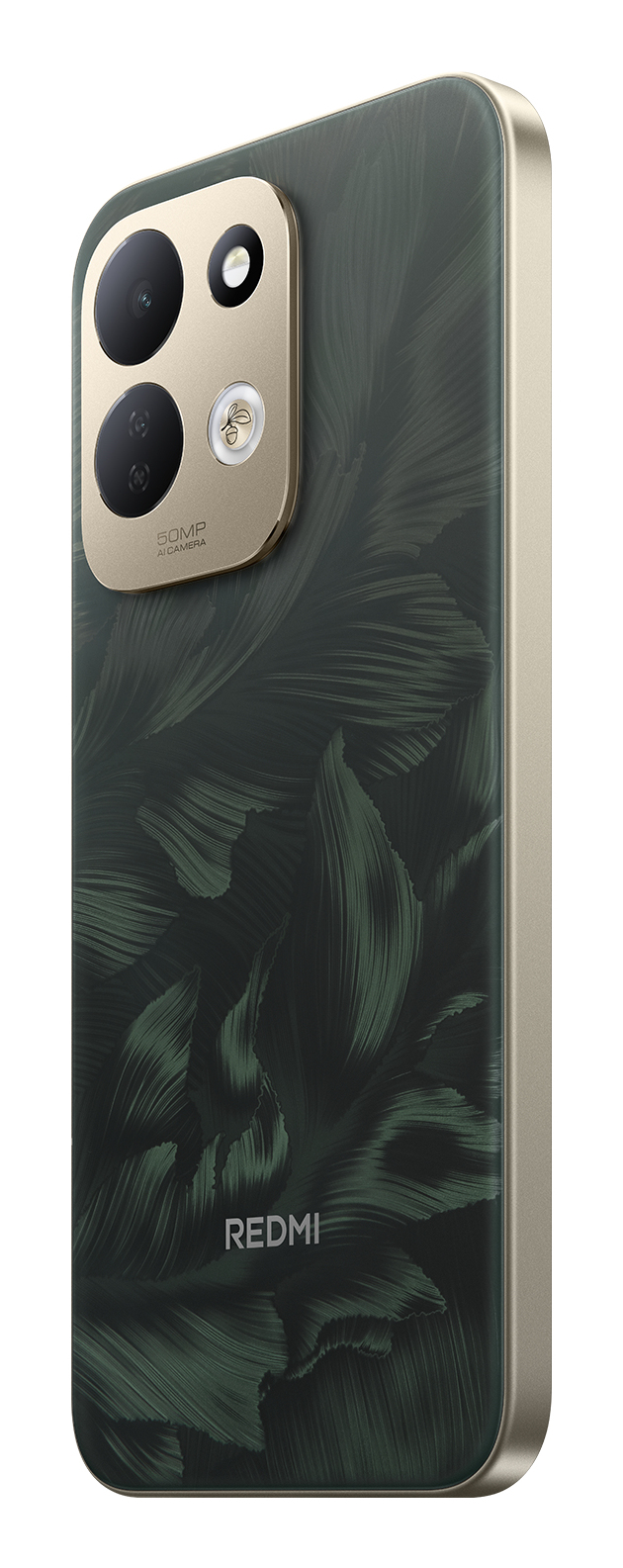 Grünes Redmi Smartphone mit goldenem Rahmen und Pflanzenmuster auf der Rückseite.