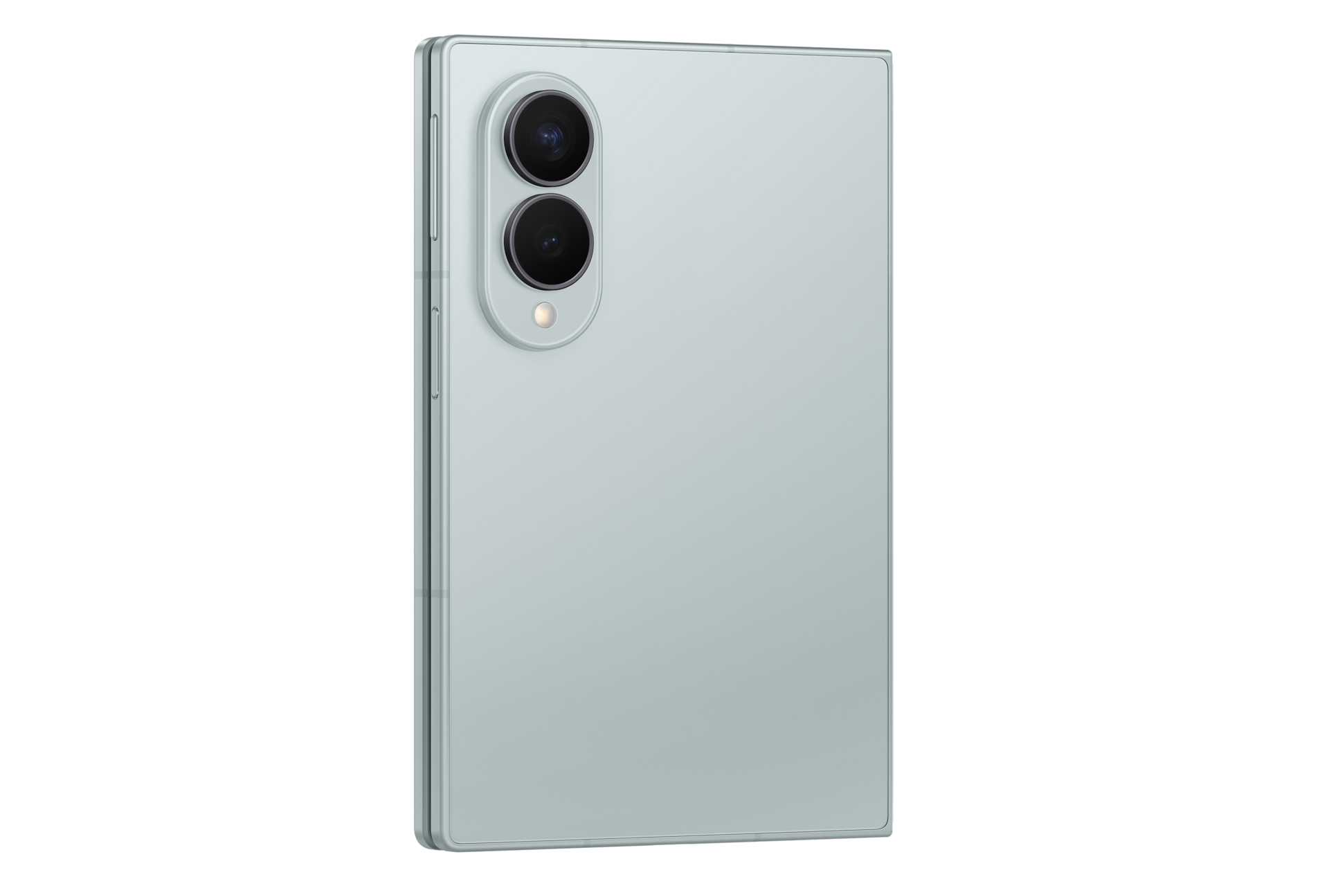 Uno smartphone pieghevole verde chiaro mostra il retro con una doppia fotocamera verticale e flash.