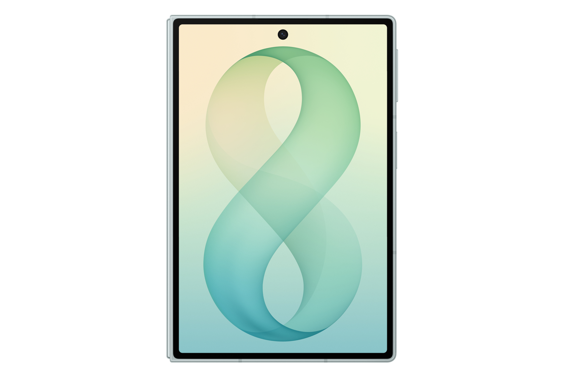 Uno smartphone con uno schermo pastello che mostra un motivo astratto verde e blu a forma di otto.