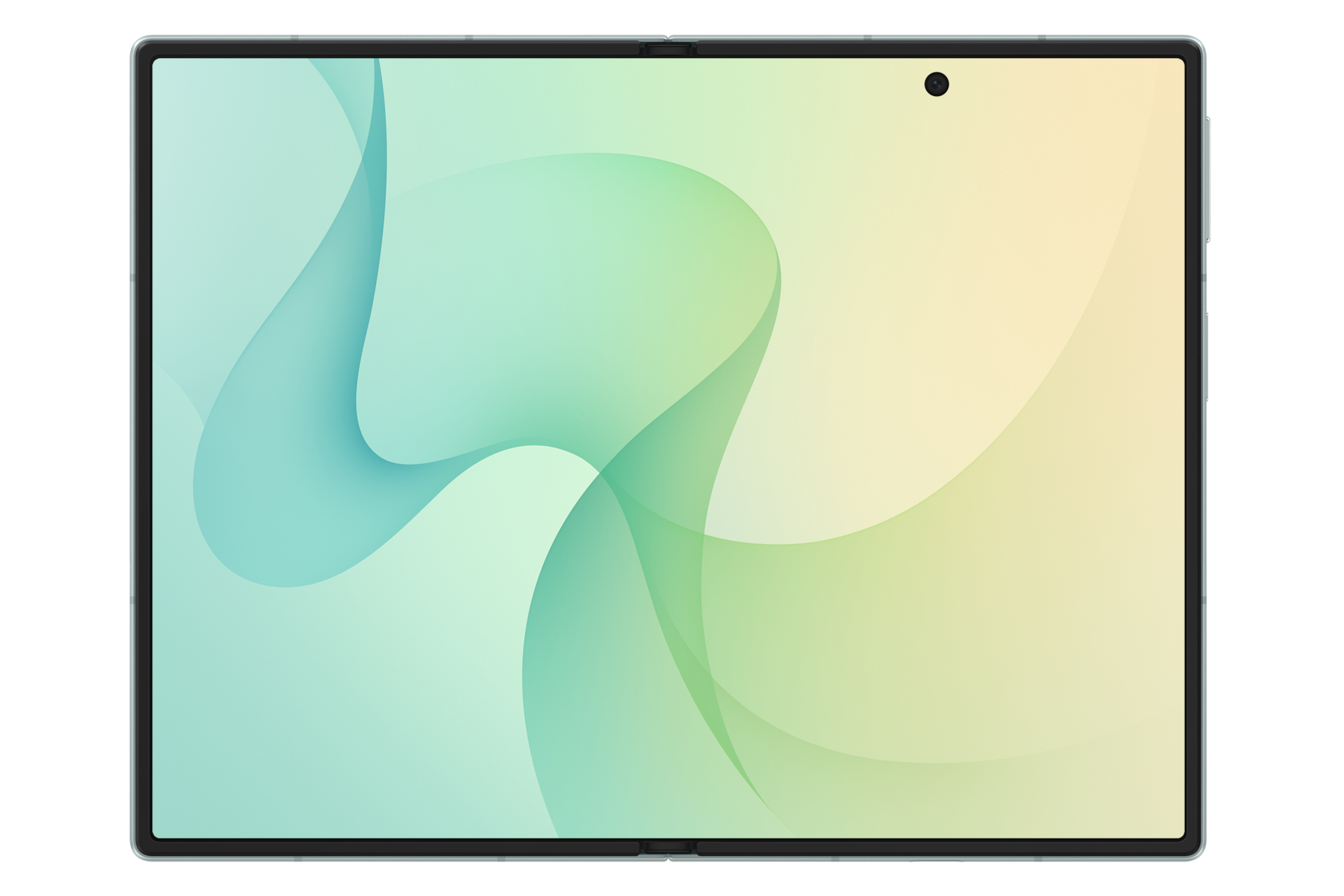 Un tablet con una cornice sottile e uno sfondo astratto verde e giallo sullo schermo.