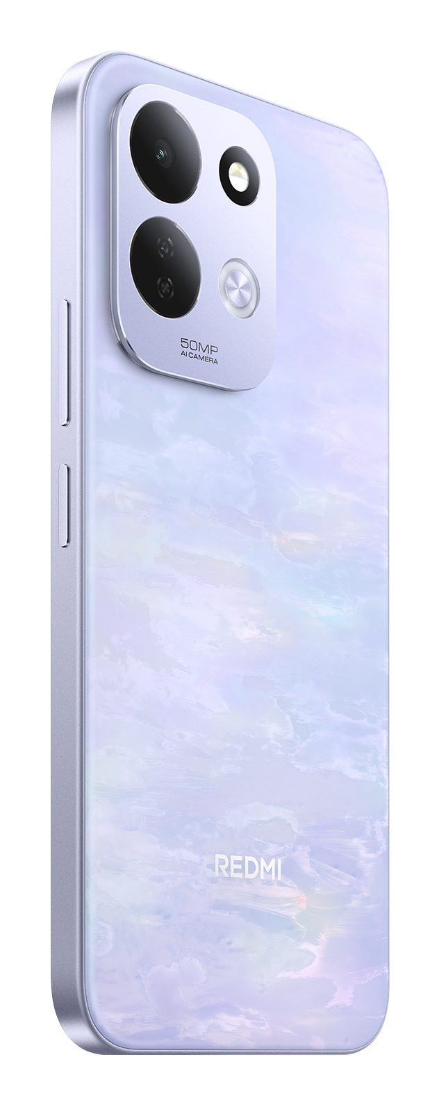 Parte trasera de un smartphone Redmi lila claro con un módulo de doble cámara arriba a la izquierda y el logotipo.