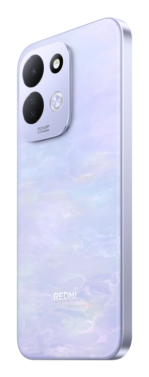 Un smartphone Redmi de color morado claro que muestra el panel trasero, cámaras duales con flash y el logotipo de la marca.
