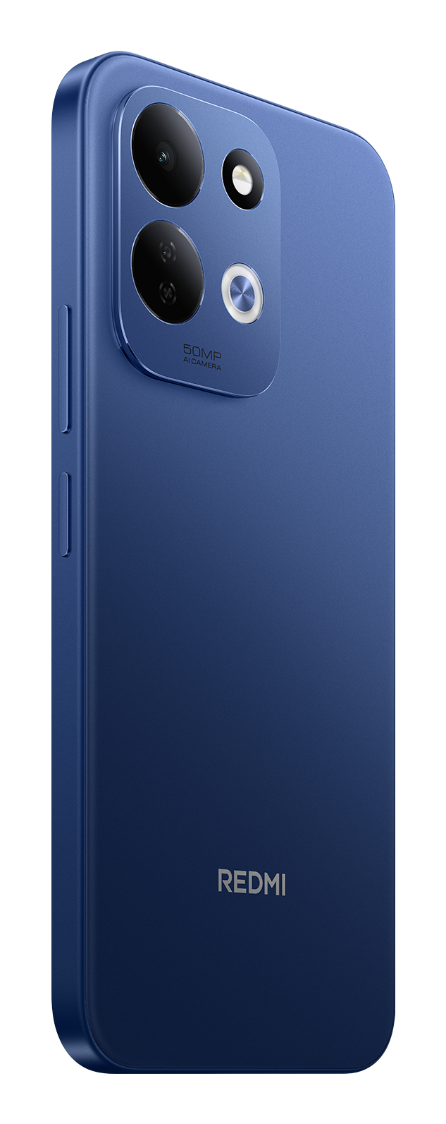Blaue Rückseite eines Redmi-Smartphones mit Doppel-Kamera und 50MP-Aufschrift.