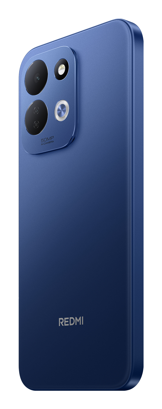 Rückseite eines blauen Redmi-Smartphones mit Doppel-Kamera und Redmi-Logo.