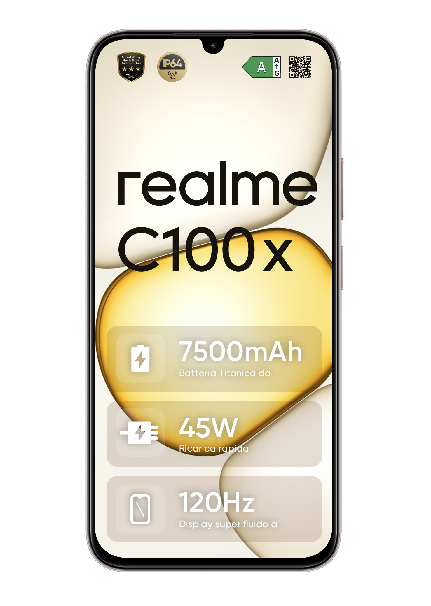 Smartphone che mostra Realme C100x, batteria da 7500mAh, ricarica da 45W e display da 120Hz.