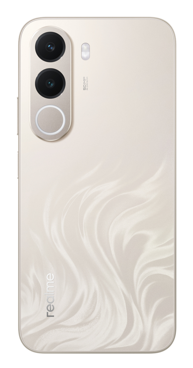 Retro di uno smartphone Realme beige con modulo fotocamera verticale e motivo vorticosa.