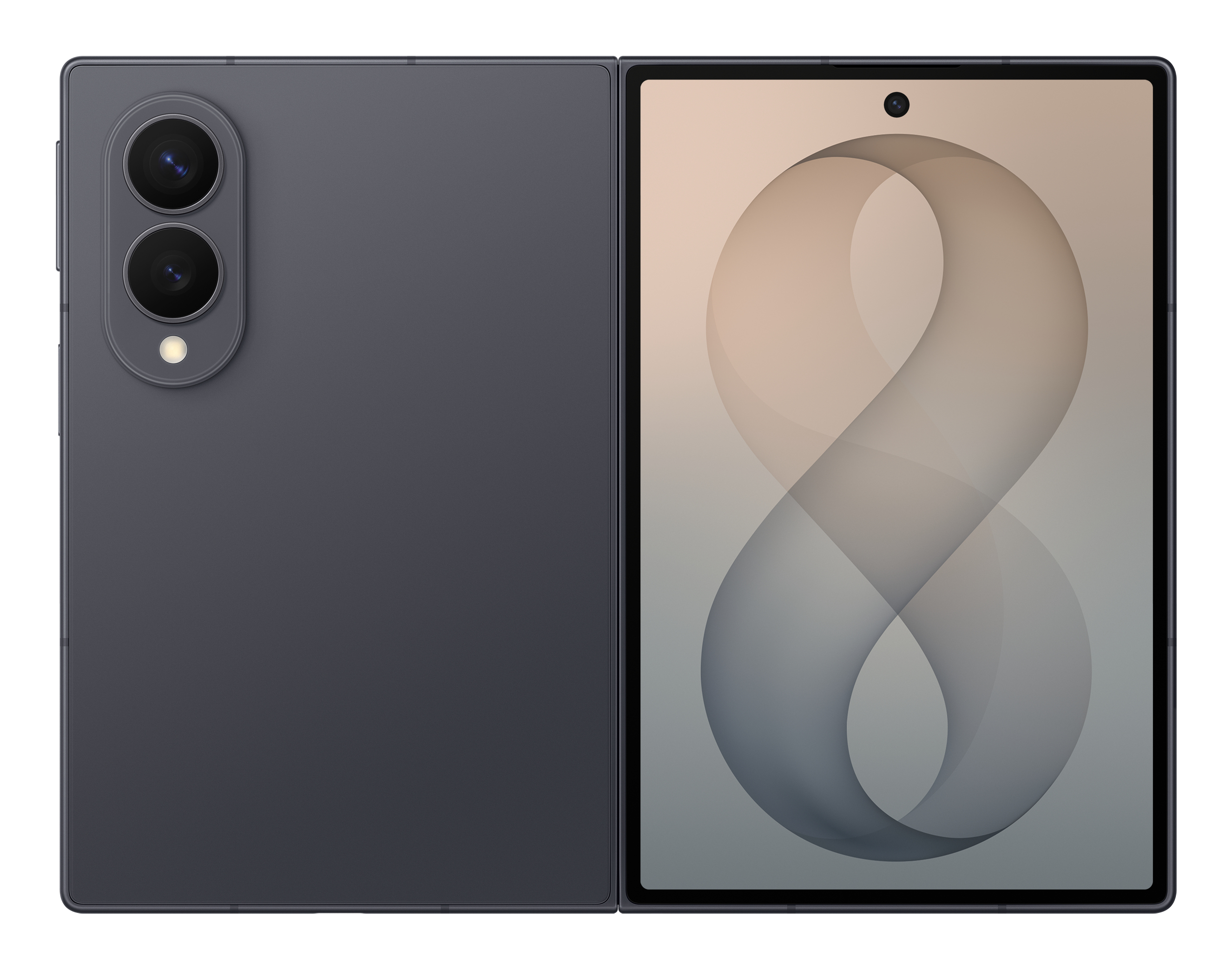 Un telefono pieghevole grigio mostra la doppia fotocamera a sinistra e lo schermo aperto con un motivo a destra.