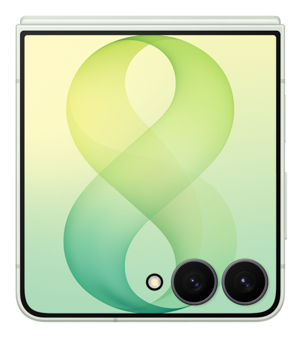 Un smartphone plegable con una figura abstracta verde, dos cámaras traseras y un flash en la esquina.