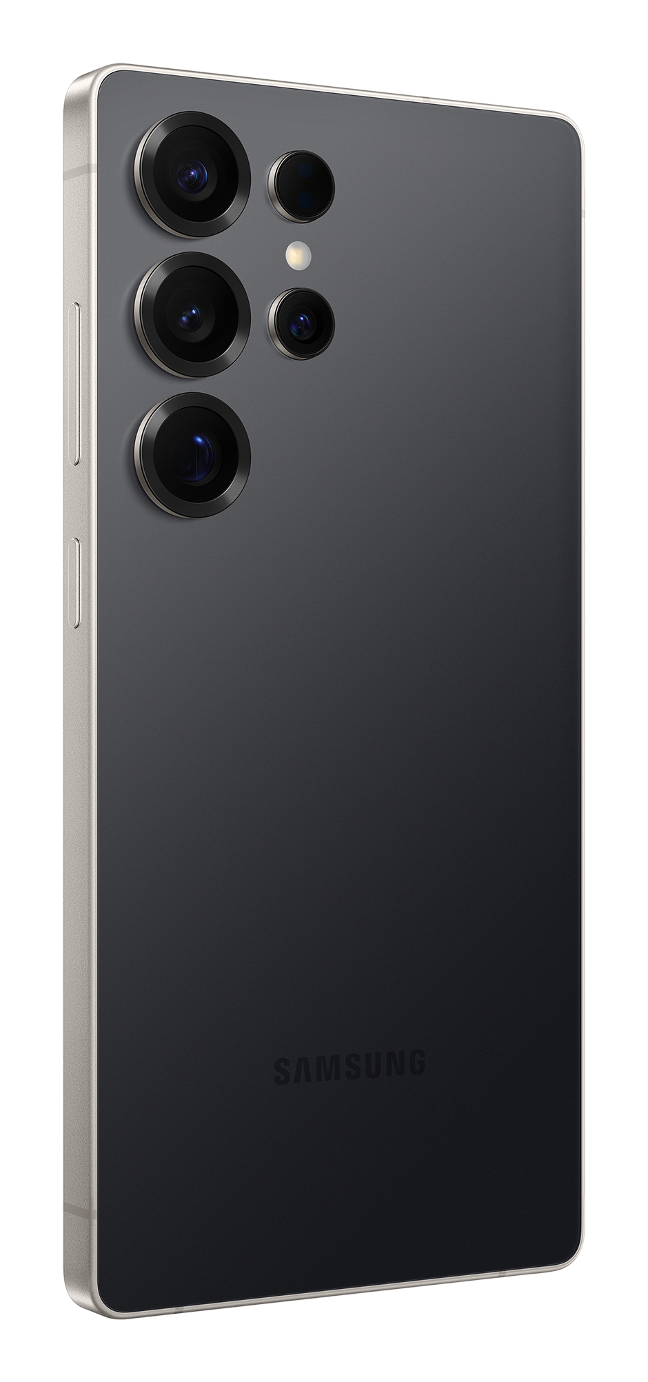 Retro di uno smartphone Samsung grigio con più obiettivi fotografici e il logo del marchio in basso.