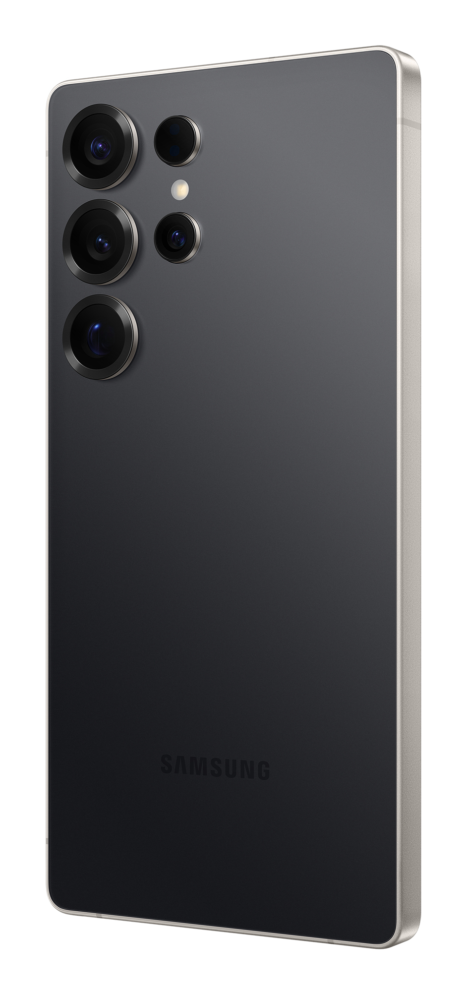 Retro di uno smartphone Samsung grigio scuro con fotocamere multiple e cornice chiara su sfondo bianco.
