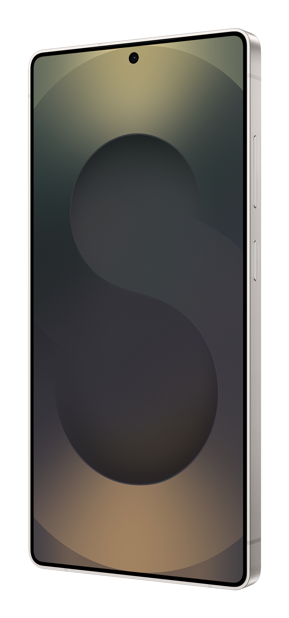 Ein weißes Smartphone in Perspektive mit dunkelgrünem Bildschirmhintergrund und zwei Tasten an der rechten Seite.