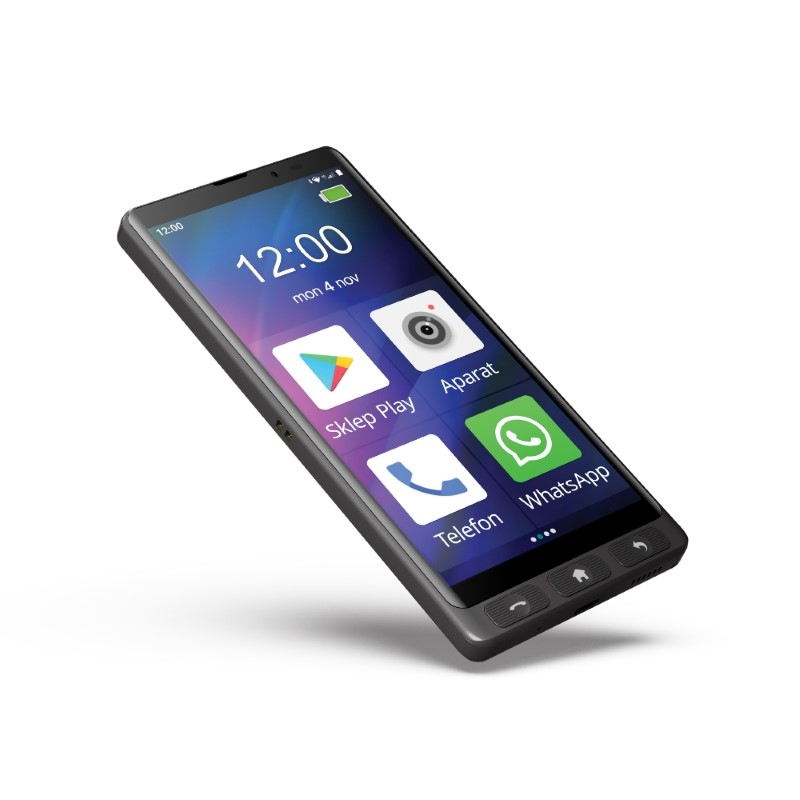 Czarny smartfon z zaokrąglonymi rogami i fizycznymi przyciskami wyświetla kolorowe ikony aplikacji na ekranie.