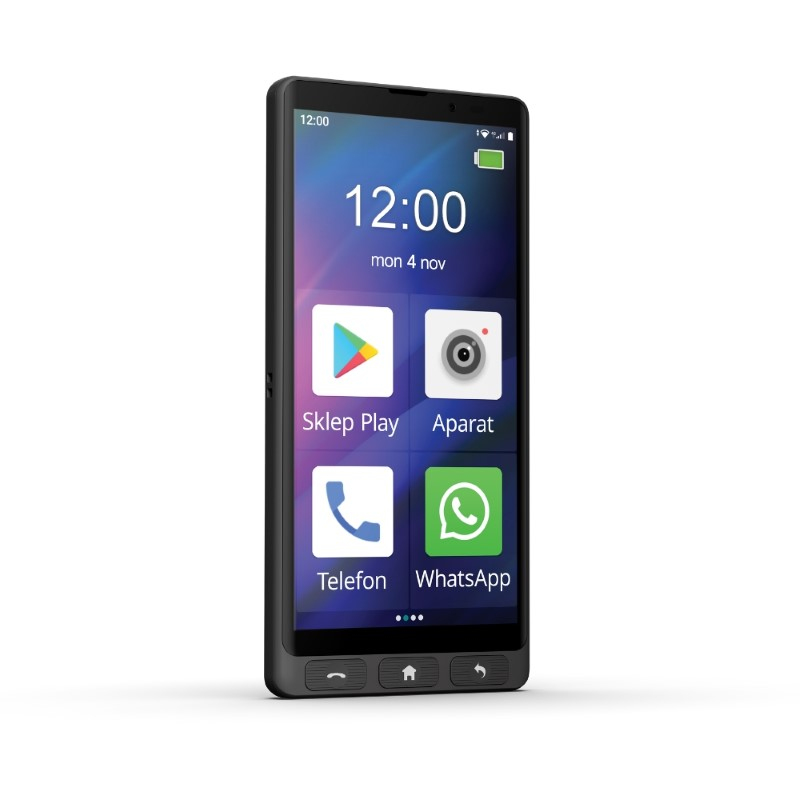 Czarny smartfon wyświetla ekran z czterema dużymi ikonami aplikacji i godziną 12:00.