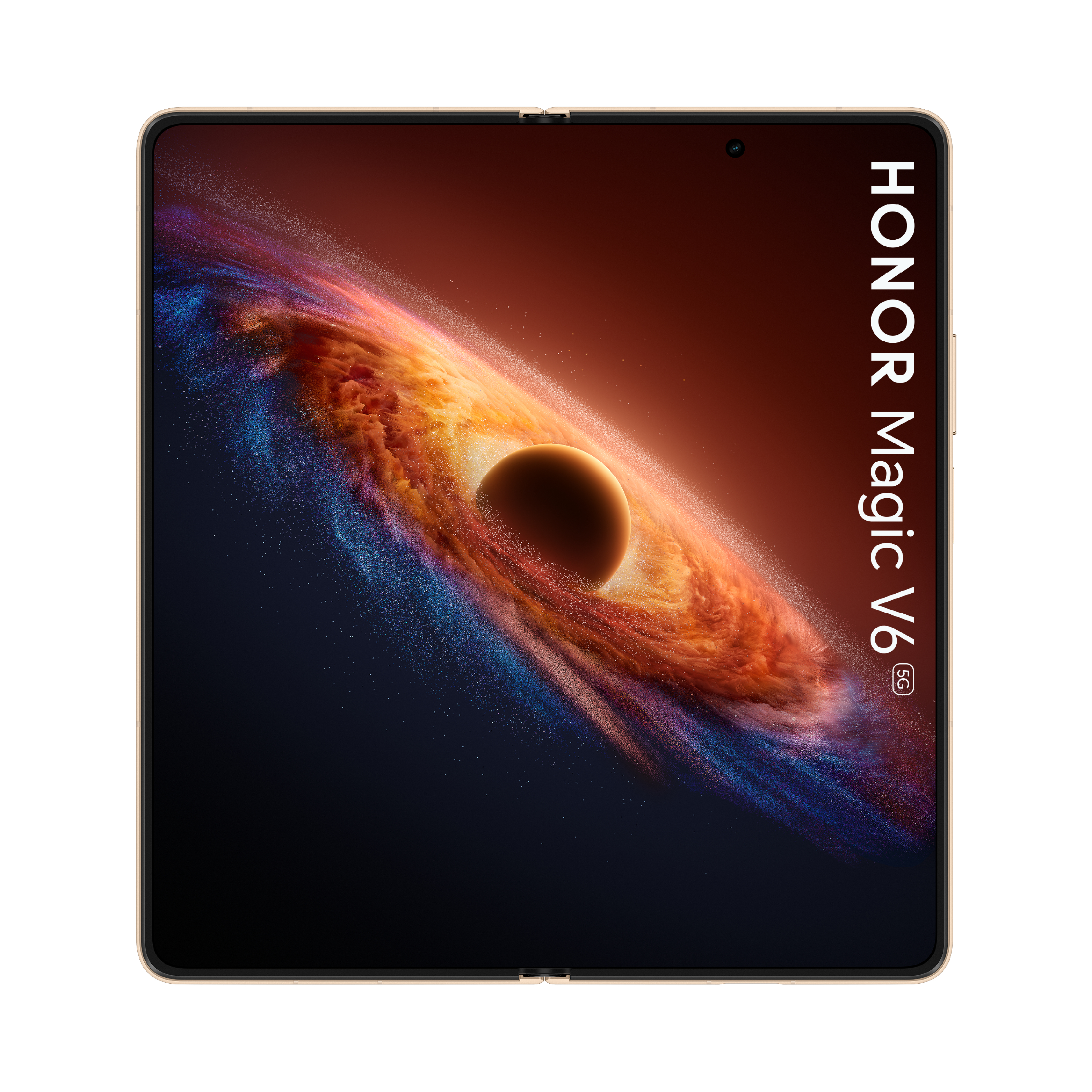 Aufgeklapptes HONOR Magic V6 5G Smartphone mit farbenfrohem Galaxie-Hintergrundbild auf dem Display.
