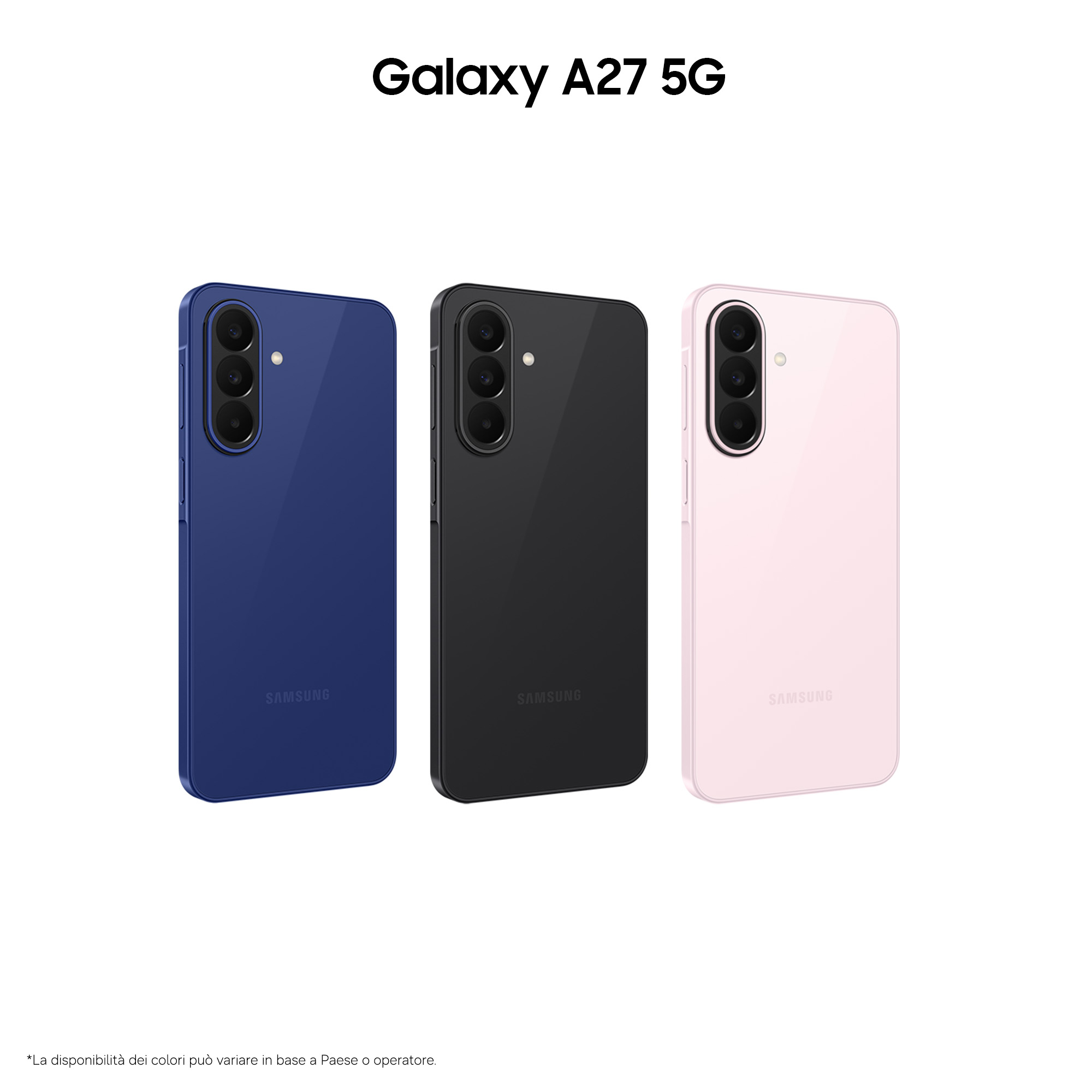 Drei Samsung Galaxy A27 5G Smartphones in Blau, Schwarz und Rosa auf weißem Hintergrund mit Text oben.
