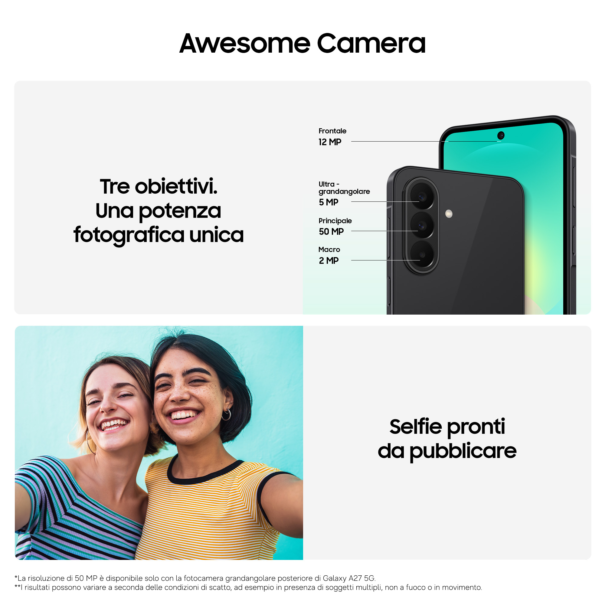 Smartphone-Kamera-Spezifikationen und zwei lächelnde Frauen, die ein Selfie vor hellblauem Hintergrund aufnehmen.