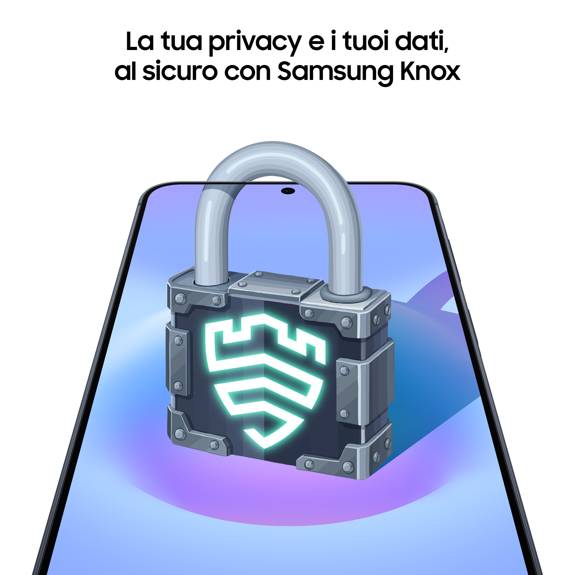 Ein großes, silbernes Vorhängeschloss mit einem leuchtenden Schild-Symbol liegt auf einem Smartphone-Bildschirm.