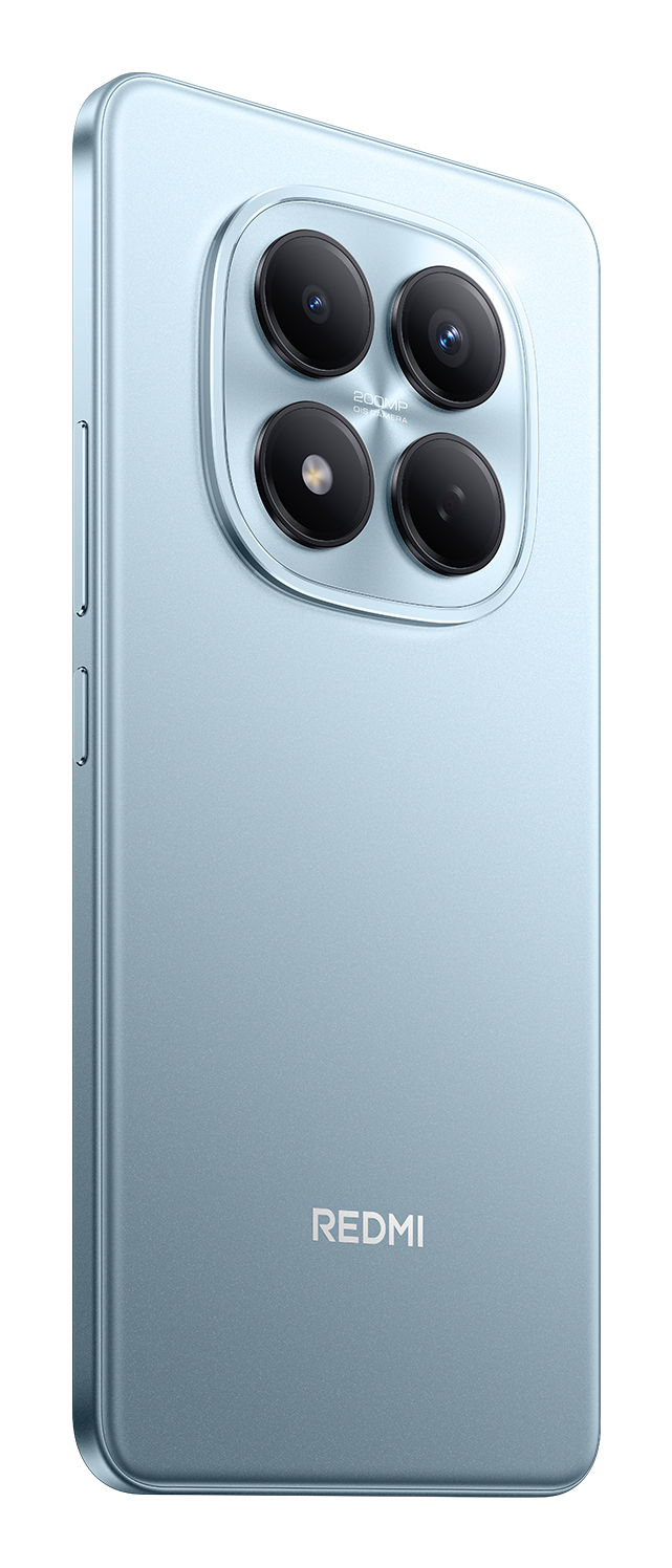 Hellblaues Redmi-Smartphone, Rückseite mit quadratischem Kameramodul und vier Linsen.
