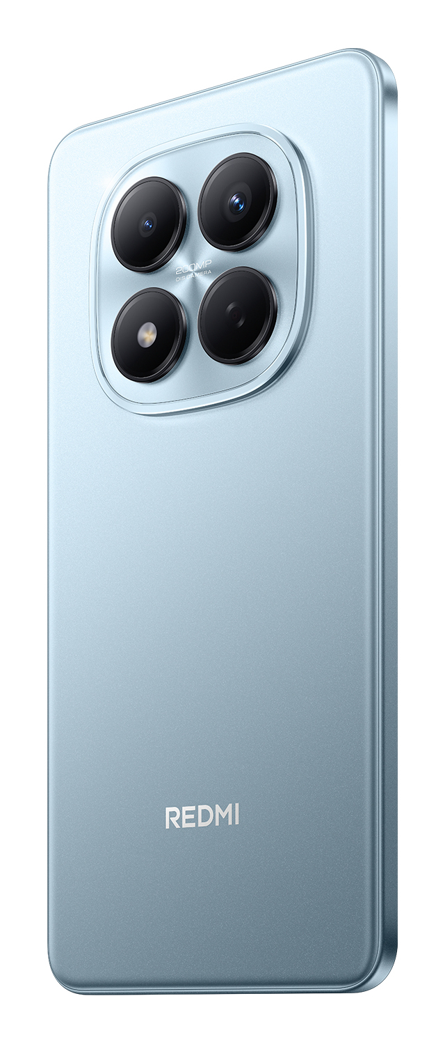 Rückseite eines hellblauen Redmi-Smartphones mit vier Kameramodulen im oberen Bereich und dem Redmi-Logo unten.