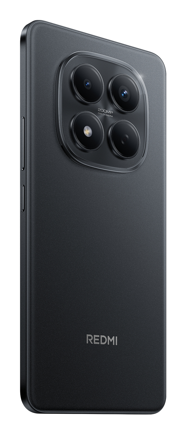 Parte trasera de un smartphone Redmi negro con un gran módulo de cámara rectangular arriba y el logo de Redmi.