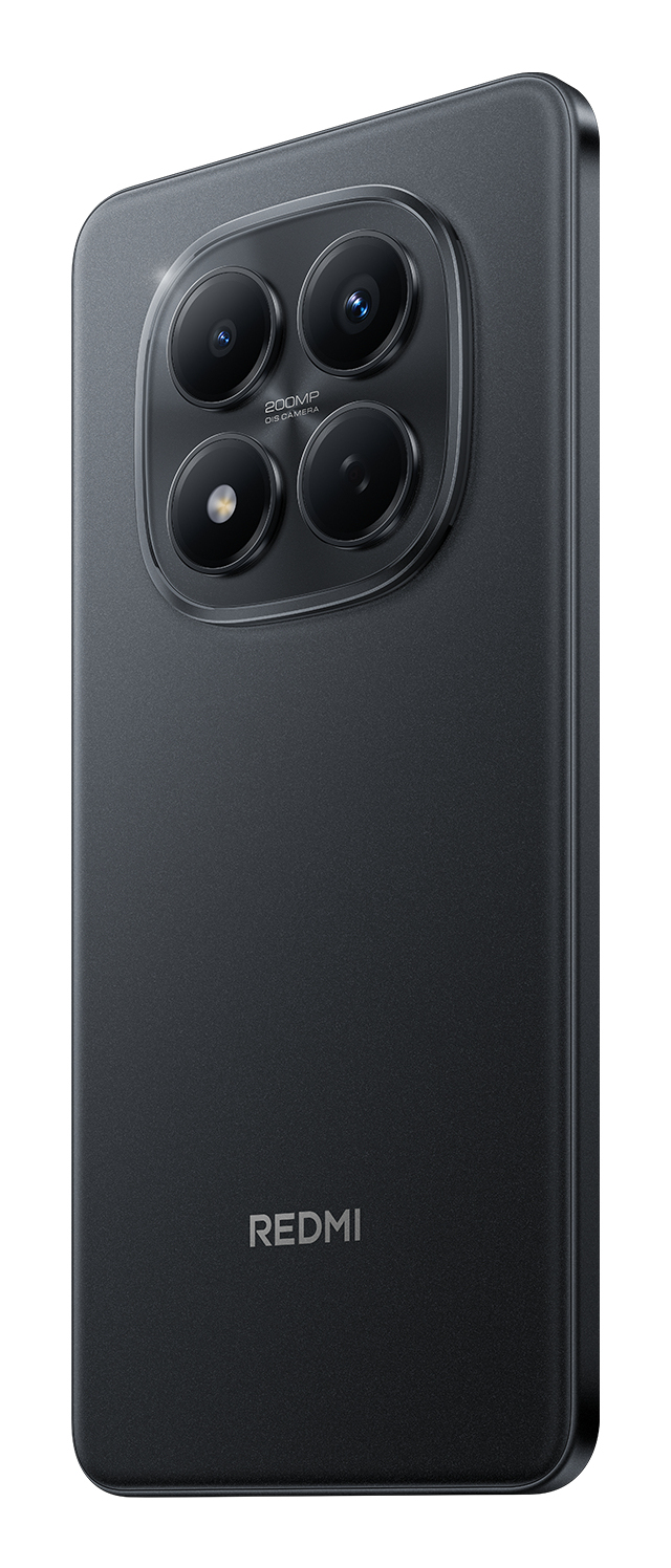 Parte trasera de un smartphone Redmi negro con módulo de cuatro cámaras y logo Redmi.