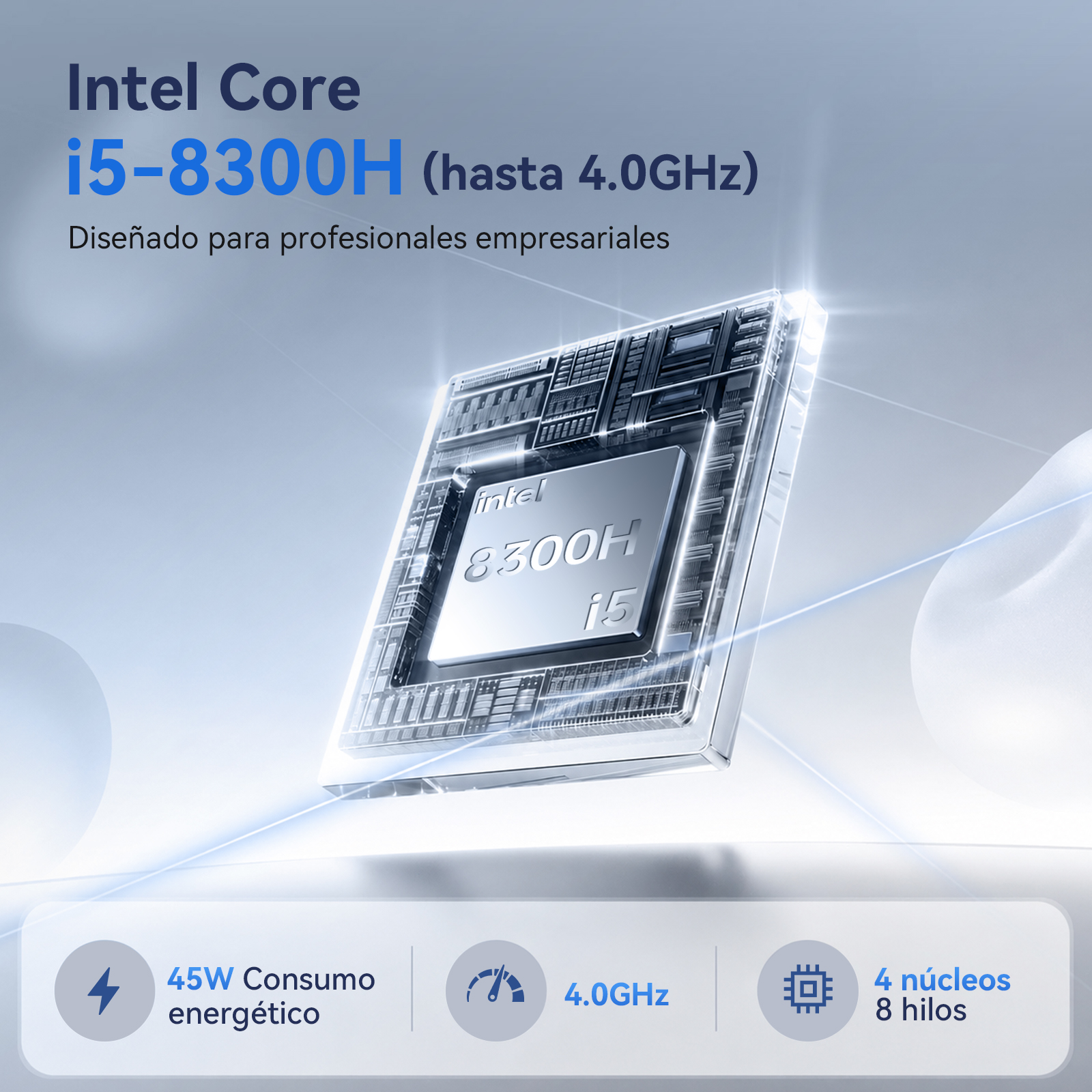 Procesador Intel Core i5-8300H con 45W, 4.0GHz, 4 núcleos y 8 hilos sobre fondo azul.