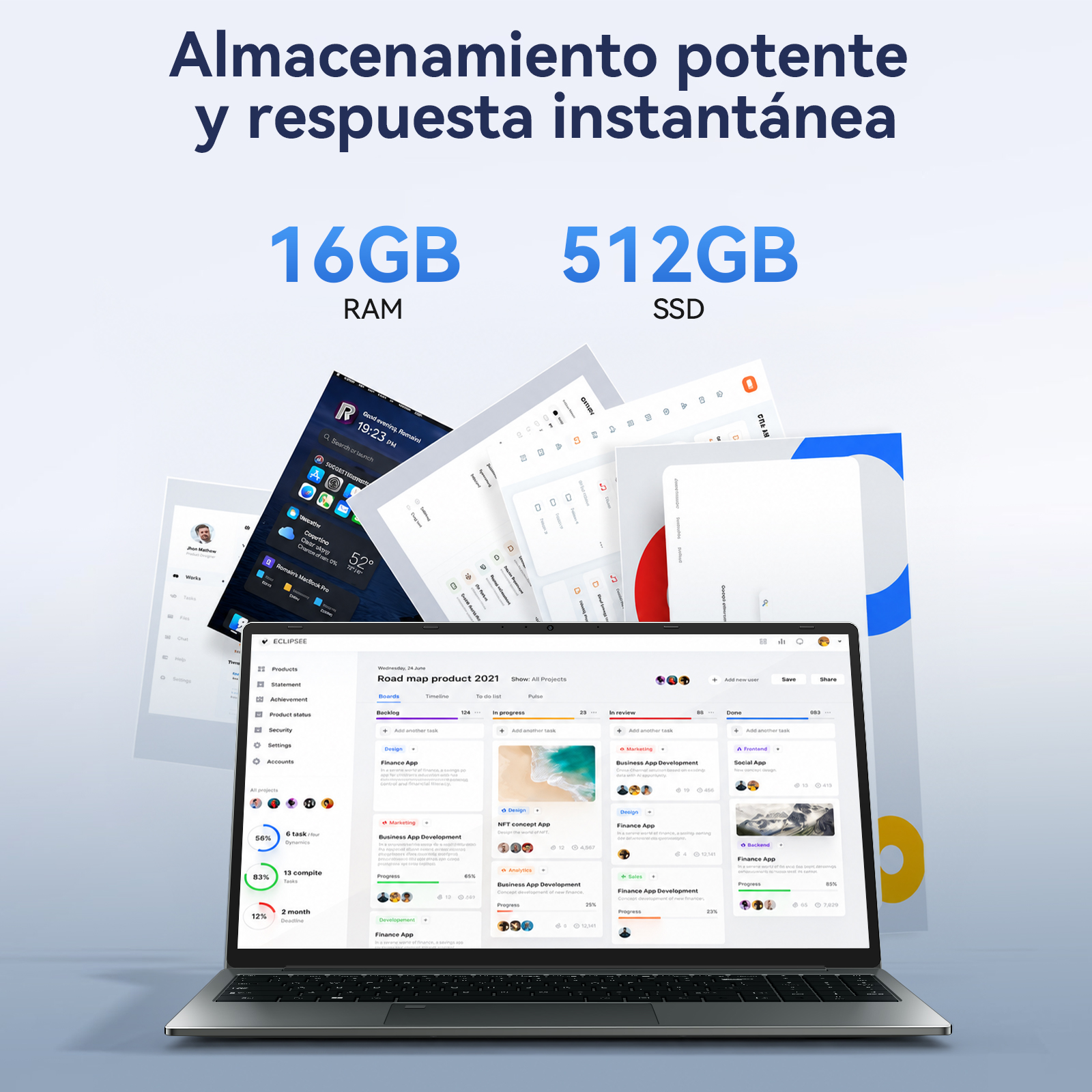 Un portátil muestra una interfaz de panel de proyectos, con ventanas flotantes y texto sobre almacenamiento y rendimiento.
