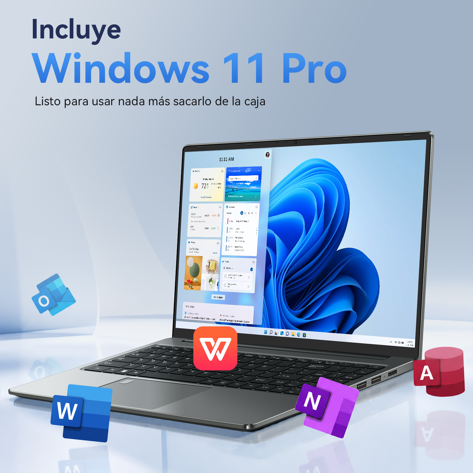 Una laptop plateada con Windows 11, rodeada de iconos flotantes de Microsoft Office sobre una mesa blanca.