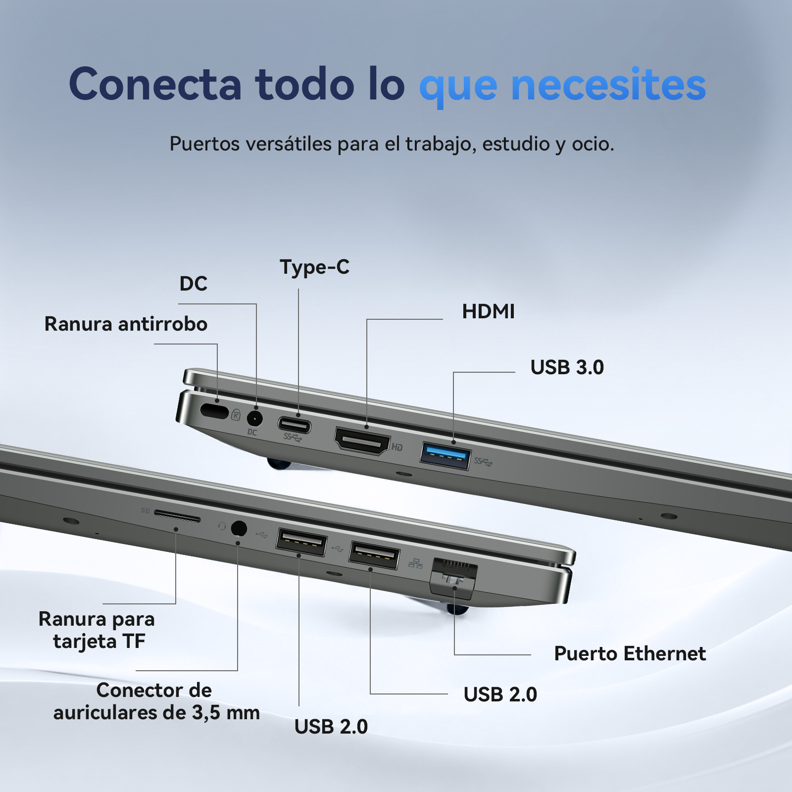 Vista de los puertos del portátil incluyendo USB, HDMI y Ethernet.
