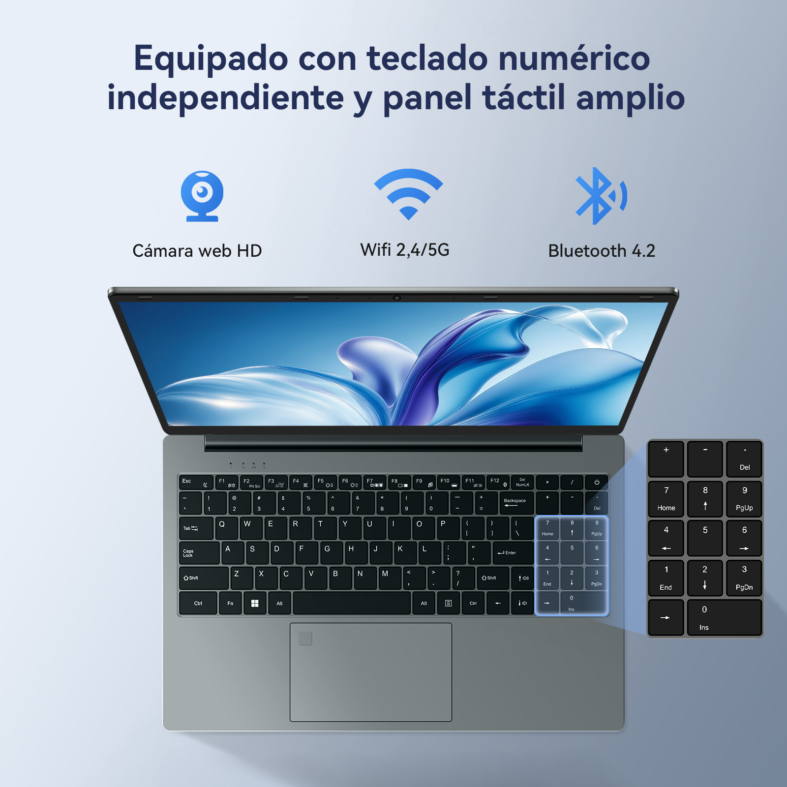 Portátil visto desde arriba con teclado numérico, wifi, Bluetooth y cámara HD.
