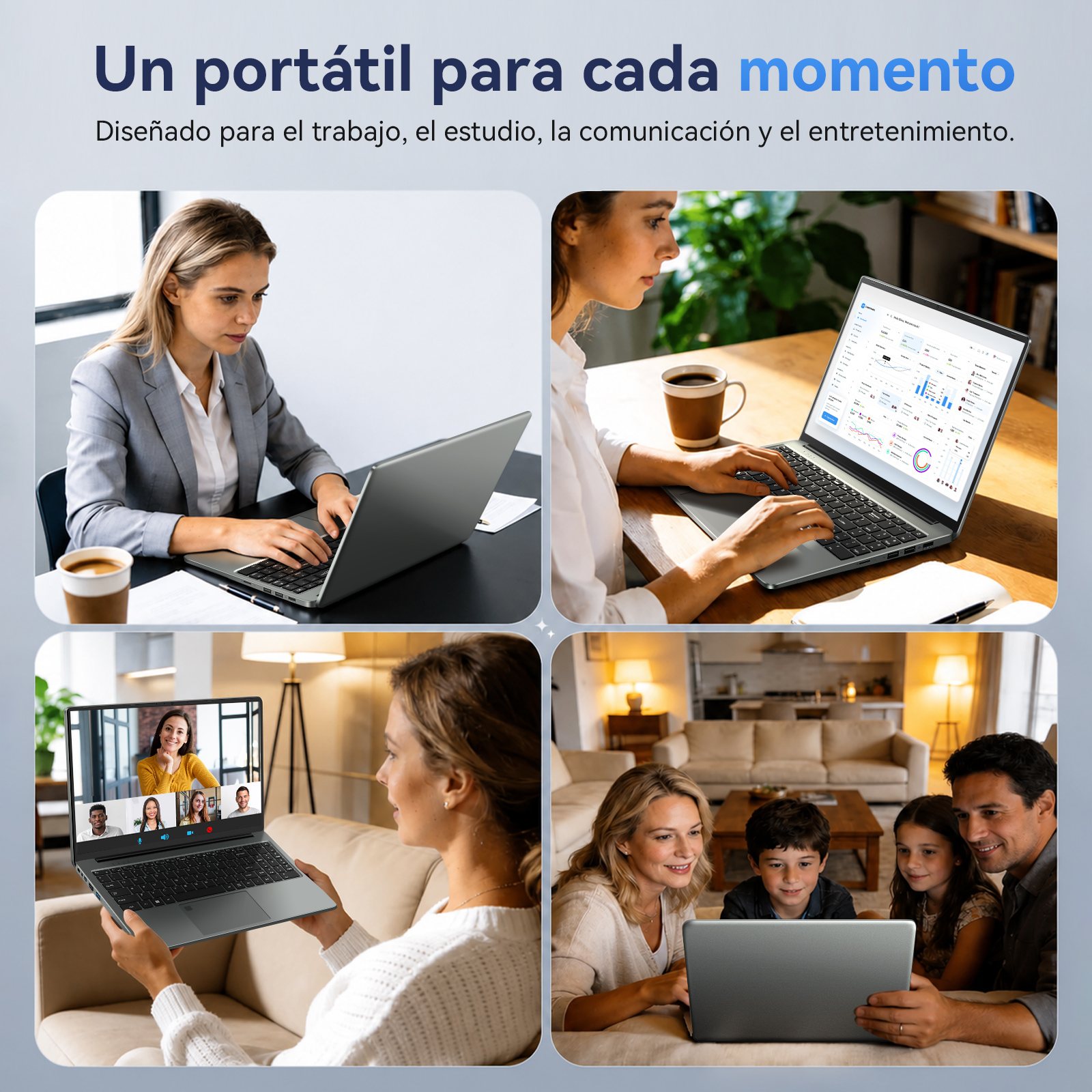 Cuatro imágenes muestran a personas usando portátiles para trabajo, estudio, videollamadas y ocio.
