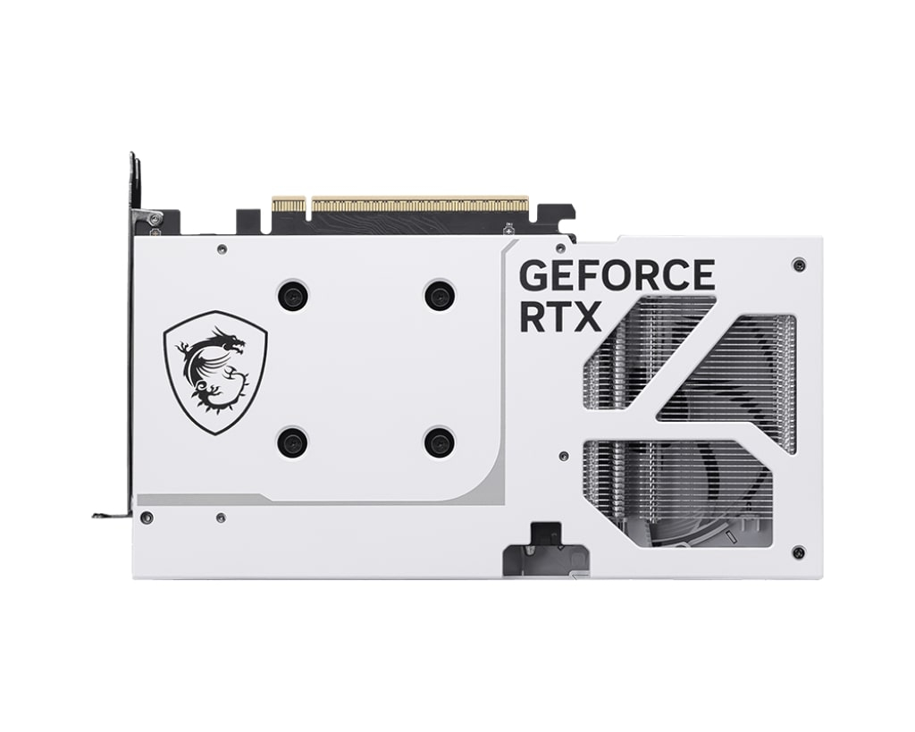 Ejderha logolu ve soğutma petekli beyaz MSI GeForce RTX ekran kartı, beyaz arka planda.
