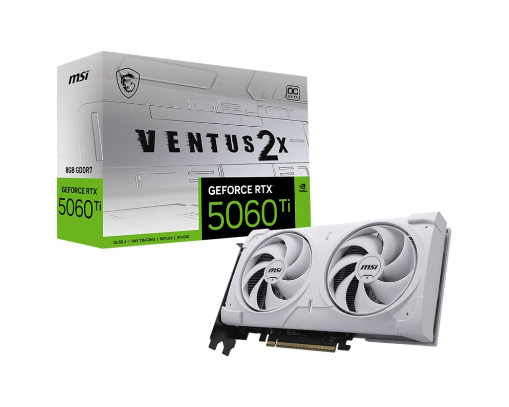 Kutusuyla birlikte MSI GeForce RTX 5060 Ti Ventus 2X beyaz ekran kartı.