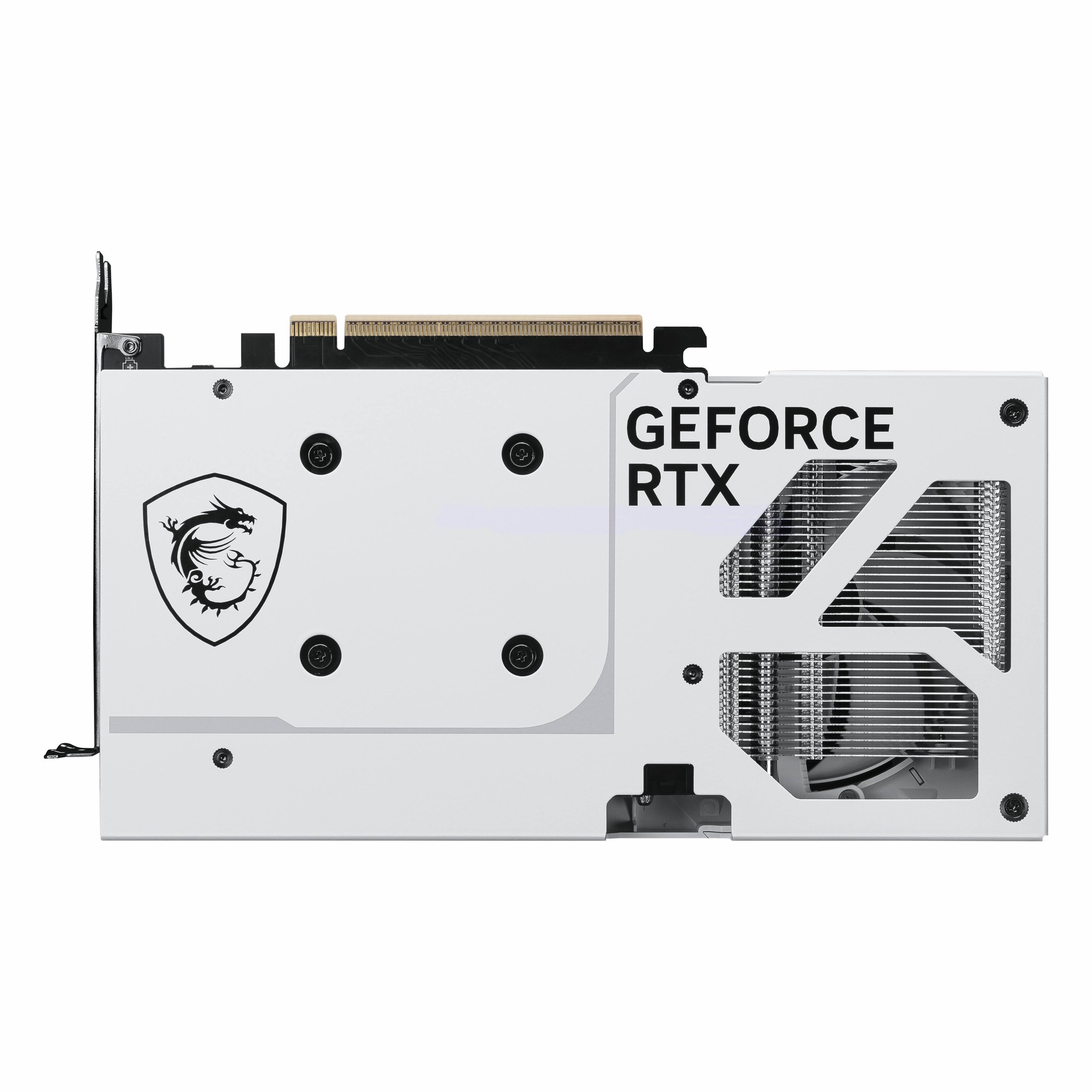 Beyaz arka planda MSI logolu beyaz GeForce RTX grafik kartı.
