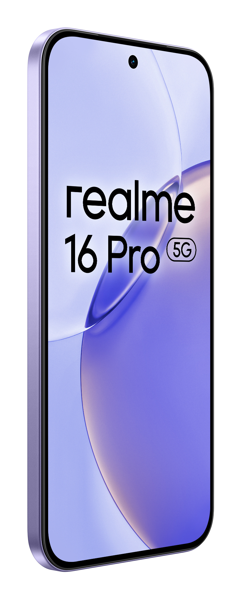 Un smartphone Realme 16 Pro 5G de color púrpura visto de frente con fondo claro.
