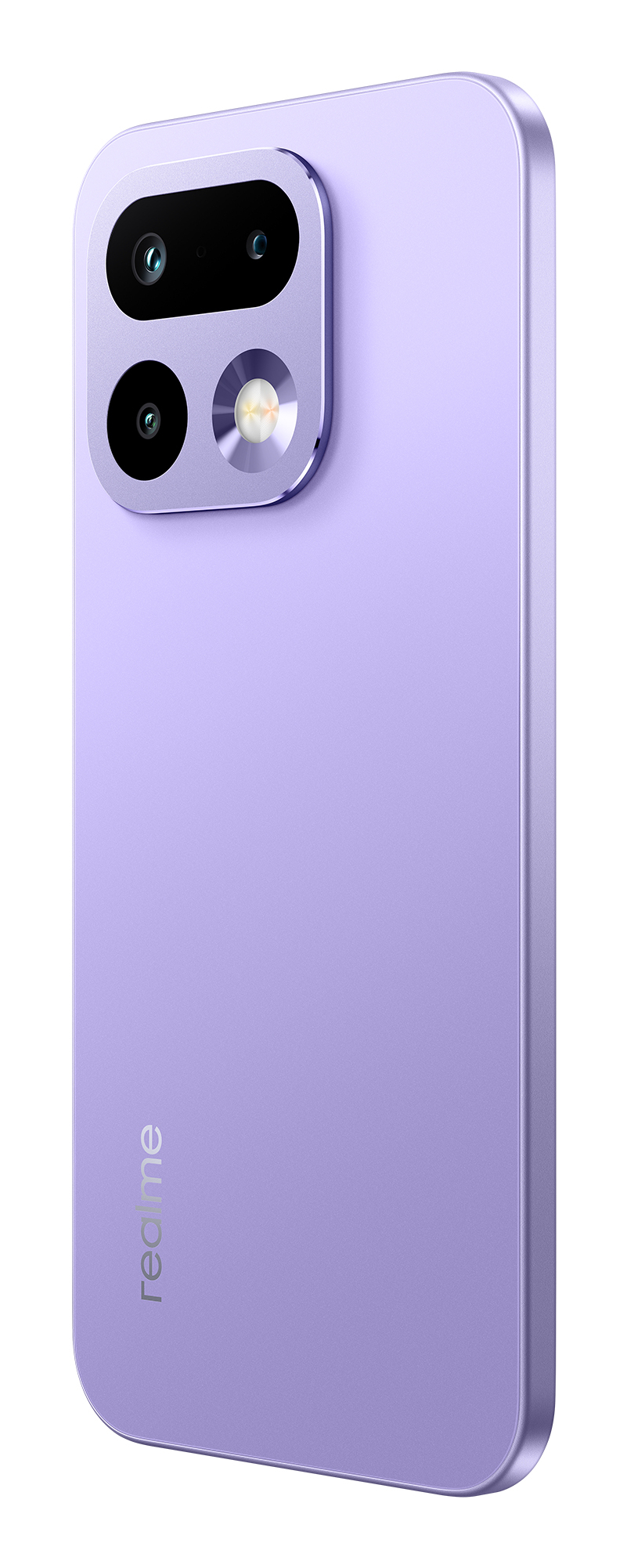 Parte trasera de un smartphone Realme morado claro, con módulo de cámara ovalado y logotipo.