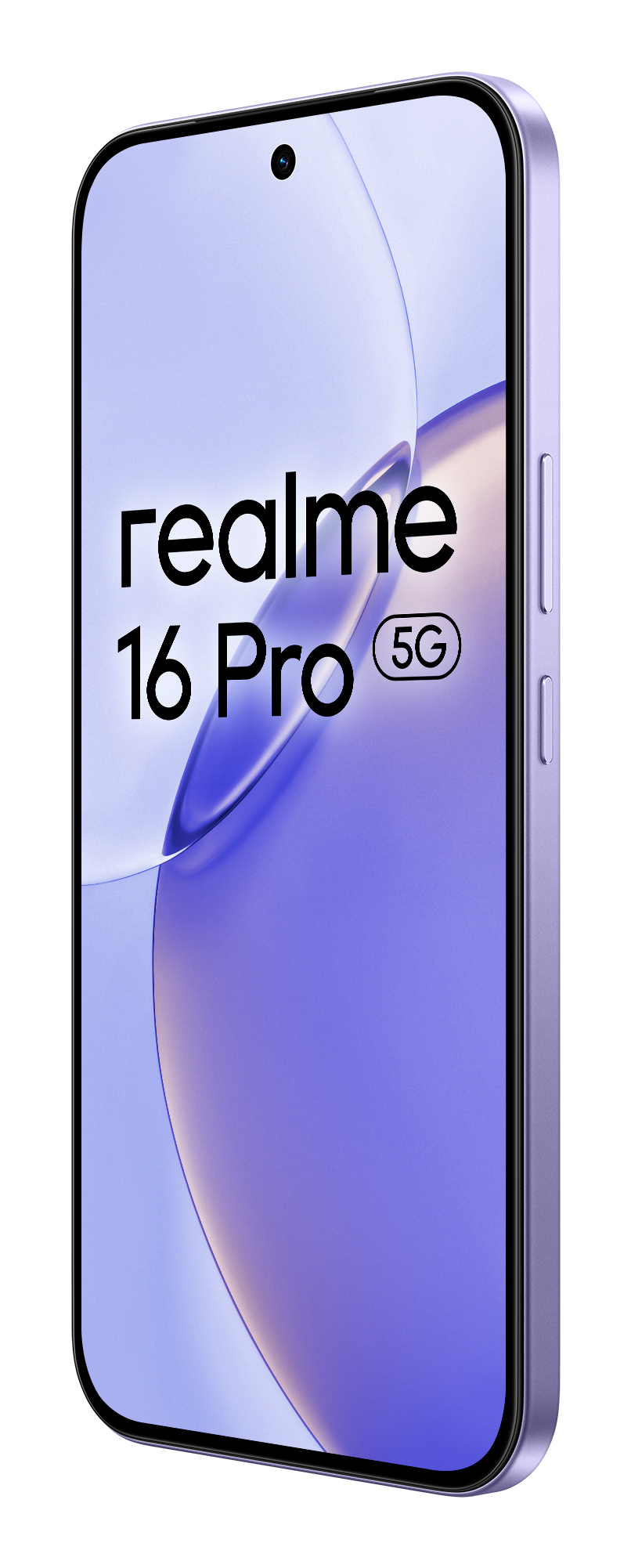 Un smartphone Realme 16 Pro 5G morado que muestra su marca y modelo en la pantalla sobre un fondo blanco.
