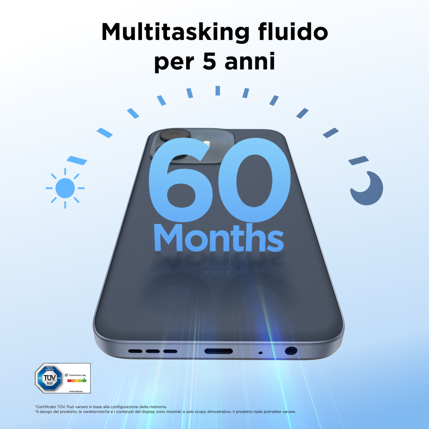 Uno smartphone mostra 60 mesi di fluidità su sfondo blu con orologio e icone.
