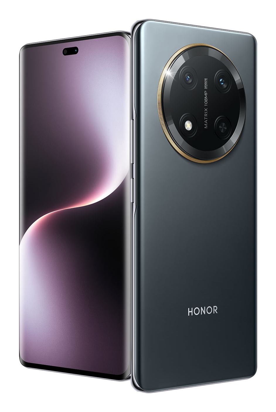 Due smartphone Honor, uno frontalmente con schermo luminoso e l'altro che mostra il retro e il modulo della fotocamera.