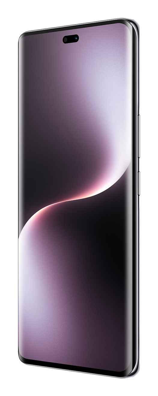 Uno smartphone con schermo curvo e ritaglio ovale per la fotocamera frontale in alto, su sfondo bianco.