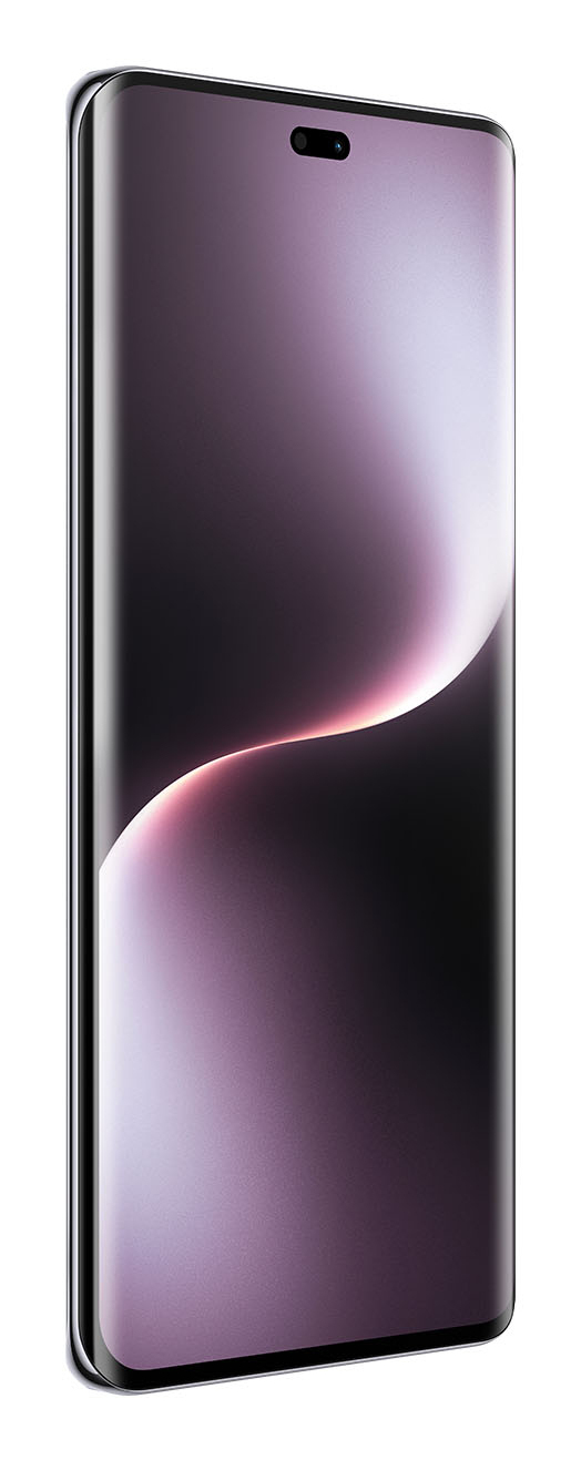 Uno smartphone in orientamento verticale con schermo curvo e un'onda di luce rosata sul display.